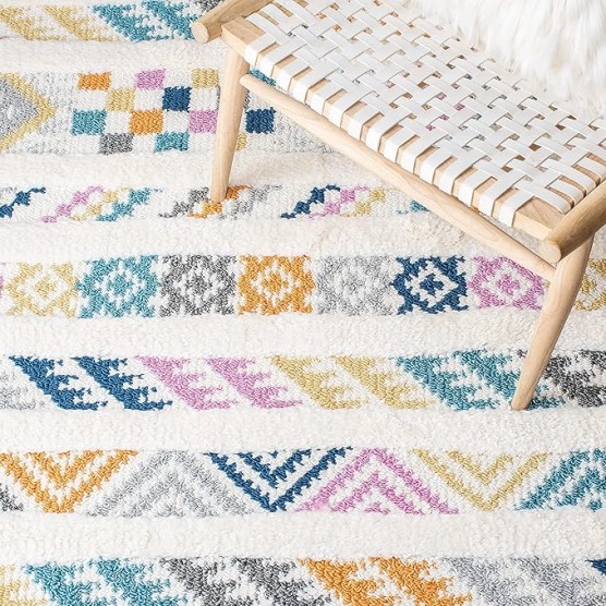 Moroccan Fringe Shag Collection Area Rug - 5'3" x 7'6", Ivory & Blue, Boho Design, Non-Shedding & Easy Care, 1.2-inch Thick Ideal for High Traffic Areas in Living Room, Bedroom (MFG110A)