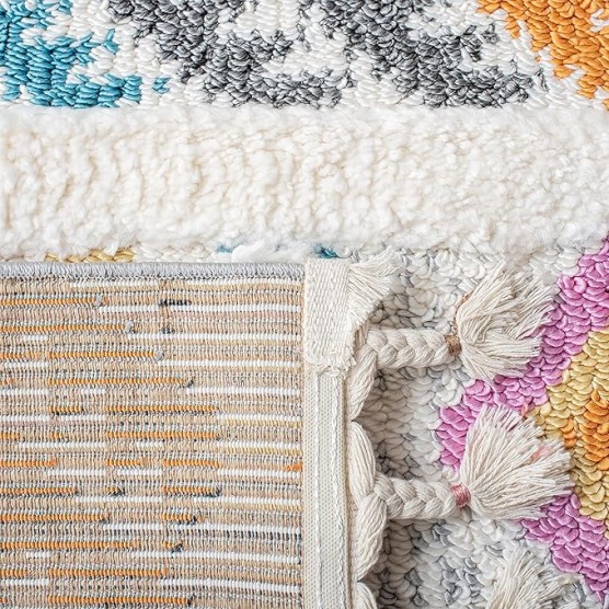 Moroccan Fringe Shag Collection Area Rug - 5'3" x 7'6", Ivory & Blue, Boho Design, Non-Shedding & Easy Care, 1.2-inch Thick Ideal for High Traffic Areas in Living Room, Bedroom (MFG110A)