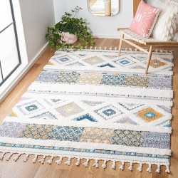 Moroccan Fringe Shag Collection Area Rug - 5'3" x 7'6", Ivory & Navy, Boho Design, Non-Shedding & Easy Care, 1.2-inch Thick Ideal for High Traffic Areas in Living Room, Bedroom (MFG104A)