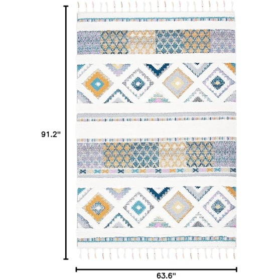 Moroccan Fringe Shag Collection Area Rug - 5'3" x 7'6", Ivory & Navy, Boho Design, Non-Shedding & Easy Care, 1.2-inch Thick Ideal for High Traffic Areas in Living Room, Bedroom (MFG104A)