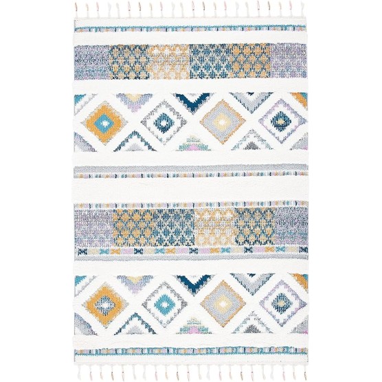 Moroccan Fringe Shag Collection Area Rug - 5'3" x 7'6", Ivory & Navy, Boho Design, Non-Shedding & Easy Care, 1.2-inch Thick Ideal for High Traffic Areas in Living Room, Bedroom (MFG104A)