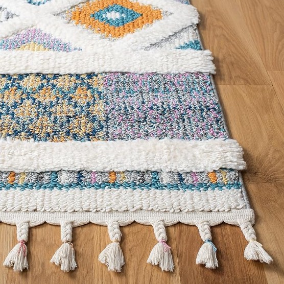 Moroccan Fringe Shag Collection Area Rug - 5'3" x 7'6", Ivory & Navy, Boho Design, Non-Shedding & Easy Care, 1.2-inch Thick Ideal for High Traffic Areas in Living Room, Bedroom (MFG104A)