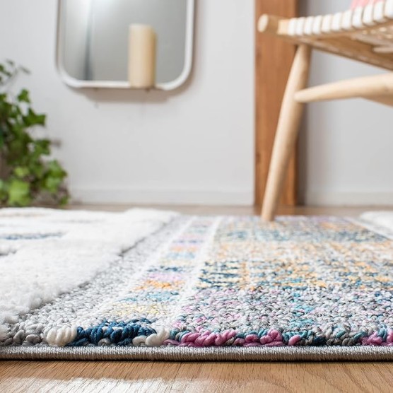 Moroccan Fringe Shag Collection Area Rug - 5'3" x 7'6", Ivory & Navy, Boho Design, Non-Shedding & Easy Care, 1.2-inch Thick Ideal for High Traffic Areas in Living Room, Bedroom (MFG104A)