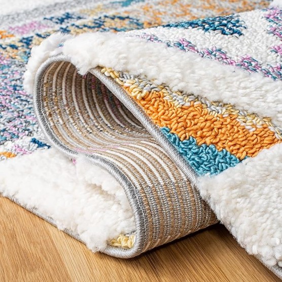 Moroccan Fringe Shag Collection Area Rug - 5'3" x 7'6", Ivory & Navy, Boho Design, Non-Shedding & Easy Care, 1.2-inch Thick Ideal for High Traffic Areas in Living Room, Bedroom (MFG104A)