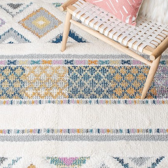 Moroccan Fringe Shag Collection Area Rug - 5'3" x 7'6", Ivory & Navy, Boho Design, Non-Shedding & Easy Care, 1.2-inch Thick Ideal for High Traffic Areas in Living Room, Bedroom (MFG104A)