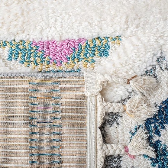 Moroccan Fringe Shag Collection Area Rug - 5'3" x 7'6", Ivory & Navy, Boho Design, Non-Shedding & Easy Care, 1.2-inch Thick Ideal for High Traffic Areas in Living Room, Bedroom (MFG104A)