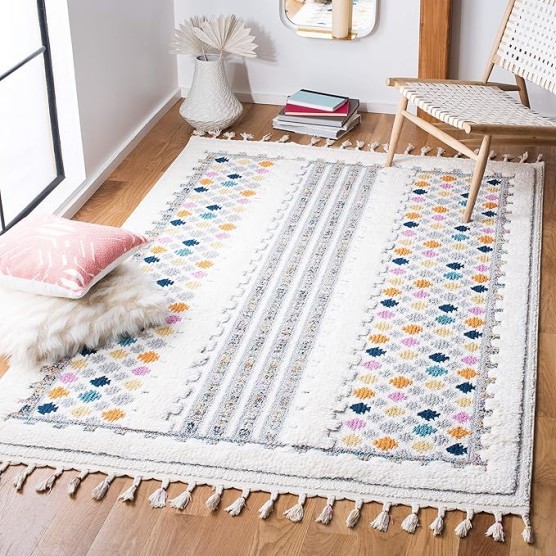 Area Rug 8x10 - Moroccan Fringe Shag Collection - Large - Ivory & Grey, Boho Design, Non-Shedding & Easy Cleaning, Plush Thick Pile, Ideal for Living Room, Bedroom, Dining Space (MFG102A)