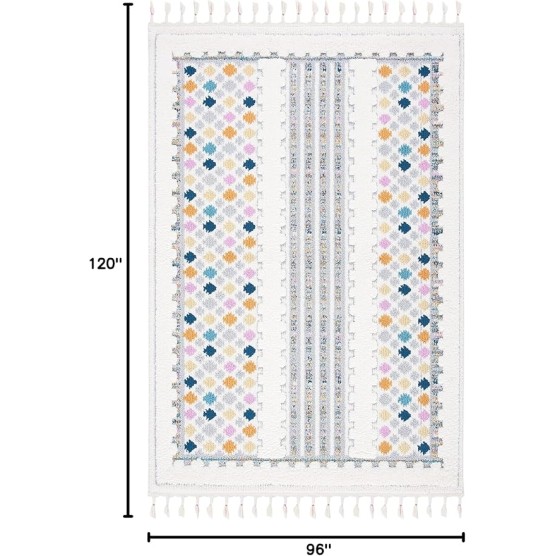 Area Rug 8x10 - Moroccan Fringe Shag Collection - Large - Ivory & Grey, Boho Design, Non-Shedding & Easy Cleaning, Plush Thick Pile, Ideal for Living Room, Bedroom, Dining Space (MFG102A)