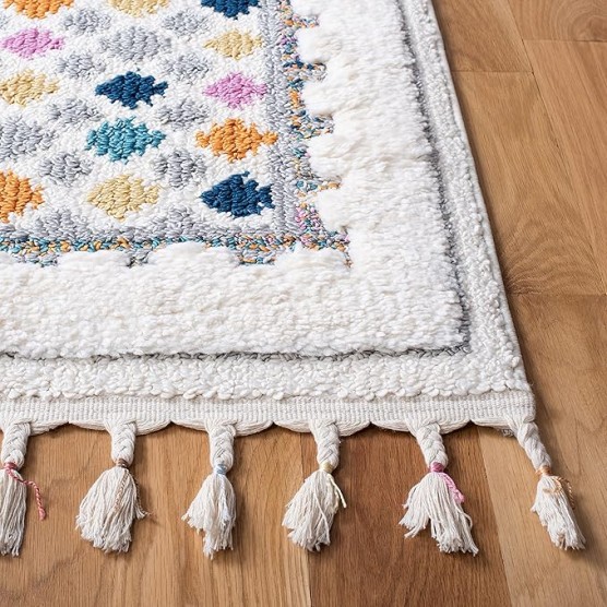 Area Rug 8x10 - Moroccan Fringe Shag Collection - Large - Ivory & Grey, Boho Design, Non-Shedding & Easy Cleaning, Plush Thick Pile, Ideal for Living Room, Bedroom, Dining Space (MFG102A)