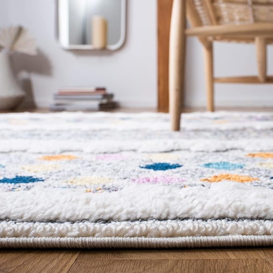 Area Rug 8x10 - Moroccan Fringe Shag Collection - Large - Ivory & Grey, Boho Design, Non-Shedding & Easy Cleaning, Plush Thick Pile, Ideal for Living Room, Bedroom, Dining Space (MFG102A)