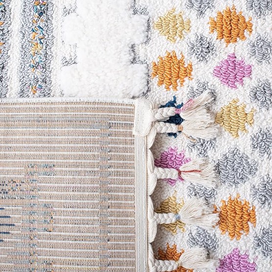 Area Rug 8x10 - Moroccan Fringe Shag Collection - Large - Ivory & Grey, Boho Design, Non-Shedding & Easy Cleaning, Plush Thick Pile, Ideal for Living Room, Bedroom, Dining Space (MFG102A)
