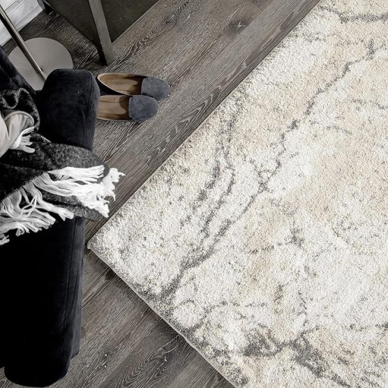 Orian Ava Shag Area Rug-9' x 13', Ivory, Super Soft, Neutral Colors, Marble Pattern, Room Decor, Home Decor