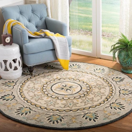 Novelty Collection Area Rug - 8' Round, Ivory & Grey, Handmade Boho Floral Wool, Ideal for High Traffic Areas in Living Room, Bedroom (NOV606F)