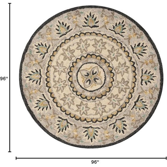 Novelty Collection Area Rug - 8' Round, Ivory & Grey, Handmade Boho Floral Wool, Ideal for High Traffic Areas in Living Room, Bedroom (NOV606F)