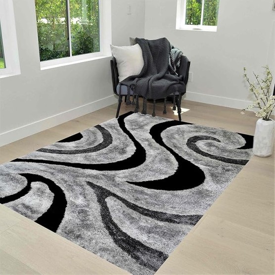 Gray shag Rug 8x10 for Living Room Decor 2021 Rug Trends Bright Modern Swirls Pattern, 3-D Hand Carved Shaggy Black/Gray/Silver