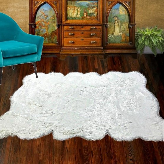 Plush Shag Area Rug - White Faux Fur Sheepskin Rug - Luxury Soft Faux Fur Carpet - Sculpted Edge Rectangle Accent Art Rug (60"x84"White)