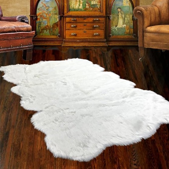 Plush Shag Area Rug - White Faux Fur Sheepskin Rug - Luxury Soft Faux Fur Carpet - Sculpted Edge Rectangle Accent Art Rug (60"x84"White)