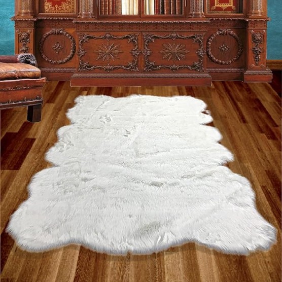 Plush Shag Area Rug - White Faux Fur Sheepskin Rug - Luxury Soft Faux Fur Carpet - Sculpted Edge Rectangle Accent Art Rug (60"x84"White)