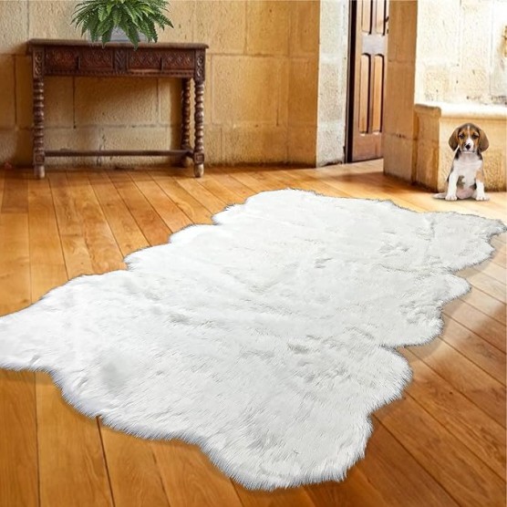 Plush Shag Area Rug - White Faux Fur Sheepskin Rug - Luxury Soft Faux Fur Carpet - Sculpted Edge Rectangle Accent Art Rug (60"x84"White)