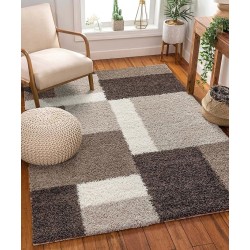 Madison Shag Cubes Beige Brown Contemporary High-Low Textured Thick Shag Plush 9'3" X 12'6" Area Rug