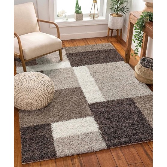 Madison Shag Cubes Beige Brown Contemporary High-Low Textured Thick Shag Plush 9'3" X 12'6" Area Rug