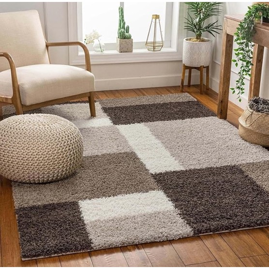 Madison Shag Cubes Beige Brown Contemporary High-Low Textured Thick Shag Plush 9'3" X 12'6" Area Rug
