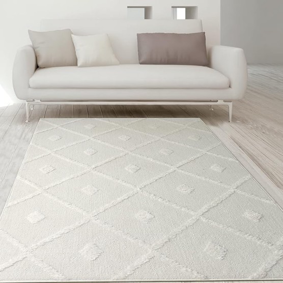 Palafito 8x10 Geometric Shag Diamond High-Low Pile Textured Indoor Area Rug (White, 7'10" x 10')