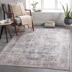 Mignon Turkish Oriental Medallion Living Room Bedroom Large Area Rug - 0.04" Pile Height - Machine Washable - Vintage Distressed - Traditional Faded - Brown, Navy Blue, Beige - 8'10" x 12'