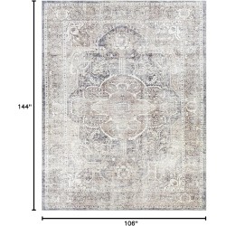 Mignon Turkish Oriental Medallion Living Room Bedroom Large Area Rug - 0.04" Pile Height - Machine Washable - Vintage Distressed - Traditional Faded - Brown, Navy Blue, Beige - 8'10" x 12'