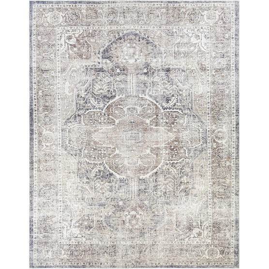 Mignon Turkish Oriental Medallion Living Room Bedroom Large Area Rug - 0.04" Pile Height - Machine Washable - Vintage Distressed - Traditional Faded - Brown, Navy Blue, Beige - 8'10" x 12'
