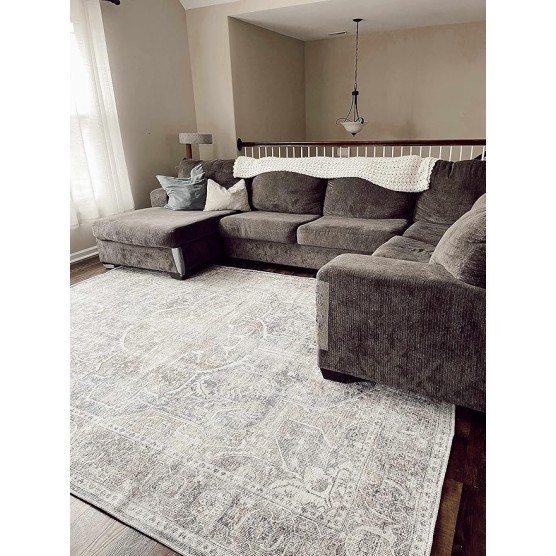 Mignon Turkish Oriental Medallion Living Room Bedroom Large Area Rug - 0.04" Pile Height - Machine Washable - Vintage Distressed - Traditional Faded - Brown, Navy Blue, Beige - 8'10" x 12'