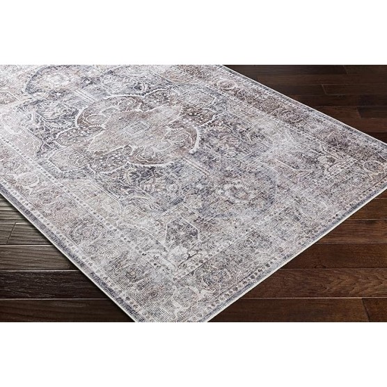 Mignon Turkish Oriental Medallion Living Room Bedroom Large Area Rug - 0.04" Pile Height - Machine Washable - Vintage Distressed - Traditional Faded - Brown, Navy Blue, Beige - 8'10" x 12'