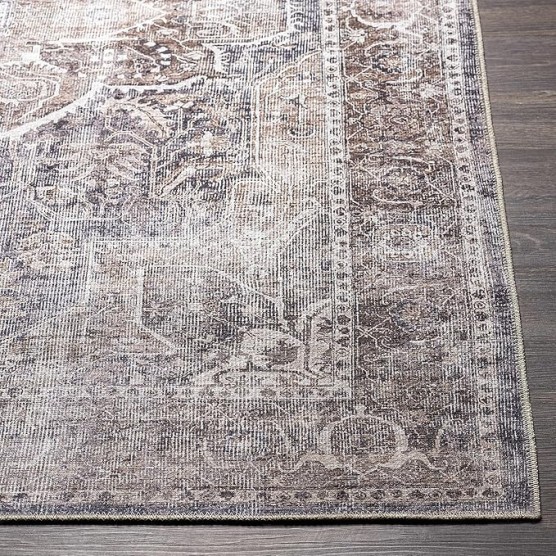Mignon Turkish Oriental Medallion Living Room Bedroom Large Area Rug - 0.04" Pile Height - Machine Washable - Vintage Distressed - Traditional Faded - Brown, Navy Blue, Beige - 8'10" x 12'