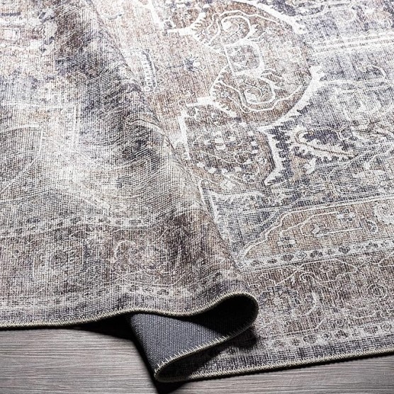 Mignon Turkish Oriental Medallion Living Room Bedroom Large Area Rug - 0.04" Pile Height - Machine Washable - Vintage Distressed - Traditional Faded - Brown, Navy Blue, Beige - 8'10" x 12'