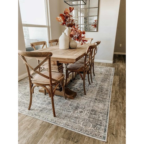 Mignon Turkish Oriental Medallion Living Room Bedroom Large Area Rug - 0.04" Pile Height - Machine Washable - Vintage Distressed - Traditional Faded - Brown, Navy Blue, Beige - 8'10" x 12'