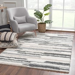 Lux Shag - Moroccan Farmhouse Living Room Shaggy Area Rug - Bohemian Shag Rug - Plush High Pile - Southwestern Boho Soft Carpet - Tribal Aztec - Grey, Off White, Beige - 5'3" x 7'3"