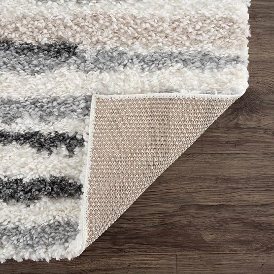 Lux Shag - Moroccan Farmhouse Living Room Shaggy Area Rug - Bohemian Shag Rug - Plush High Pile - Southwestern Boho Soft Carpet - Tribal Aztec - Grey, Off White, Beige - 5'3" x 7'3"