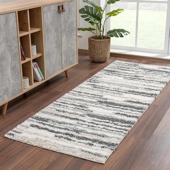 Lux Shag - Moroccan Farmhouse Living Room Shaggy Area Rug - Bohemian Shag Rug - Plush High Pile - Southwestern Boho Soft Carpet - Tribal Aztec - Grey, Off White, Beige - 5'3" x 7'3"