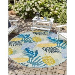 Outdoor Botanical Collection Area Rug - Limahuli (7' 10" Round, Multi/ Blue)