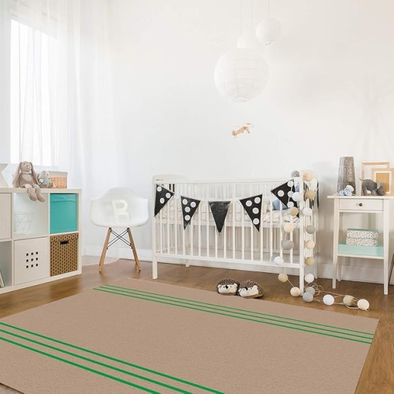 Large Rectangle Area Rug Retro Brown Beckground Green Stripes Soft Shag Rugs Non-Slip Entryway Hallway Carpet Non-Shedding Playing Mat for Kids Nursery Room Washable Oblong Rug 5'x8' for Living Room