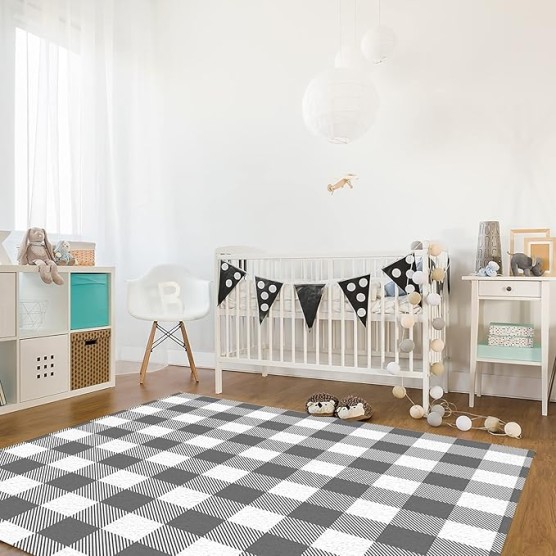 Large Rectangle Area Rug Pastoral Style Grey White Lattice Soft Shag Rugs Non-Slip Entryway Hallway Carpet Non-Shedding Playing Mat for Kids Nursery Room Washable Oblong Rug 5'x8' for Living Room