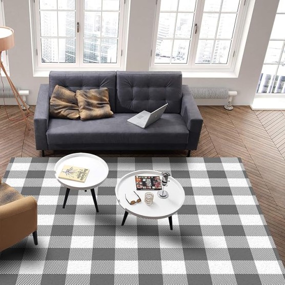 Large Rectangle Area Rug Pastoral Style Grey White Lattice Soft Shag Rugs Non-Slip Entryway Hallway Carpet Non-Shedding Playing Mat for Kids Nursery Room Washable Oblong Rug 5'x8' for Living Room
