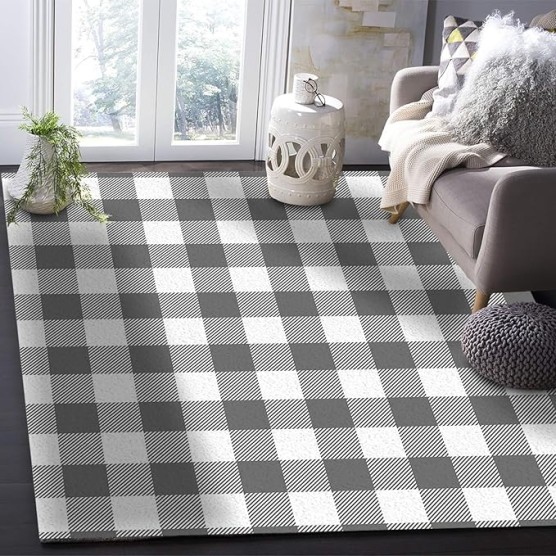 Large Rectangle Area Rug Pastoral Style Grey White Lattice Soft Shag Rugs Non-Slip Entryway Hallway Carpet Non-Shedding Playing Mat for Kids Nursery Room Washable Oblong Rug 5'x8' for Living Room