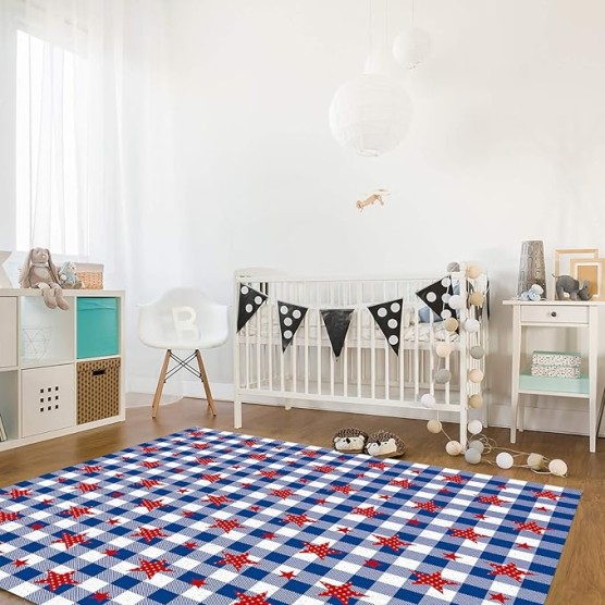 Large Rectangle Area Rug Independence Day Flag Day Pentagram Soft Shag Rugs Non-Slip Entryway Hallway Carpet Non-Shedding Playing Mat for Kids Nursery Room Washable Oblong Rug 5'x8' for Living Room