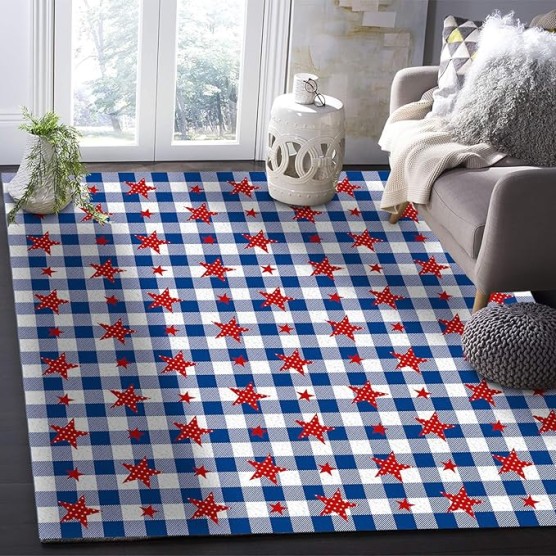 Large Rectangle Area Rug Independence Day Flag Day Pentagram Soft Shag Rugs Non-Slip Entryway Hallway Carpet Non-Shedding Playing Mat for Kids Nursery Room Washable Oblong Rug 5'x8' for Living Room