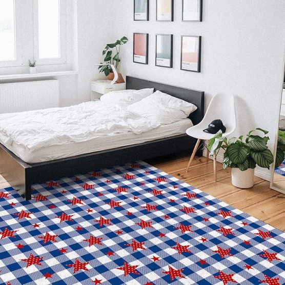 Large Rectangle Area Rug Independence Day Flag Day Pentagram Soft Shag Rugs Non-Slip Entryway Hallway Carpet Non-Shedding Playing Mat for Kids Nursery Room Washable Oblong Rug 5'x8' for Living Room