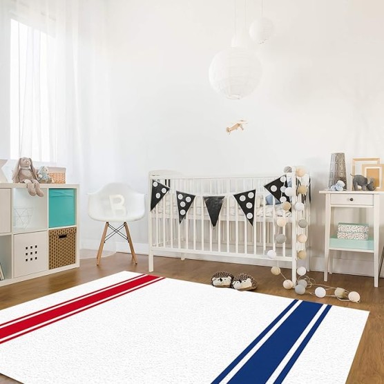 Large Rectangle Area Rug Independence Day Blue Red Stripes Soft Shag Rugs Non-Slip Entryway Hallway Carpet Non-Shedding Playing Mat for Kids Nursery Room Washable Oblong Rug 5'x8' for Living Room
