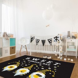 Large Rectangle Area Rug Sweet Gnomes Bee Sunflower Daisy Black Soft Shag Rugs Non-Slip Entryway Hallway Carpet Non-Shedding Playing Mat for Kids Nursery Room Washable Oblong Rug 5'x8' for Living Room