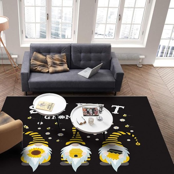 Large Rectangle Area Rug Sweet Gnomes Bee Sunflower Daisy Black Soft Shag Rugs Non-Slip Entryway Hallway Carpet Non-Shedding Playing Mat for Kids Nursery Room Washable Oblong Rug 5'x8' for Living Room