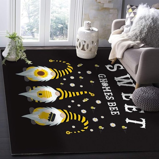 Large Rectangle Area Rug Sweet Gnomes Bee Sunflower Daisy Black Soft Shag Rugs Non-Slip Entryway Hallway Carpet Non-Shedding Playing Mat for Kids Nursery Room Washable Oblong Rug 5'x8' for Living Room